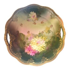 Antique Z.S. & Co Bavaria Hand Painted Floral Porcelain Plate Gold Trim Handles